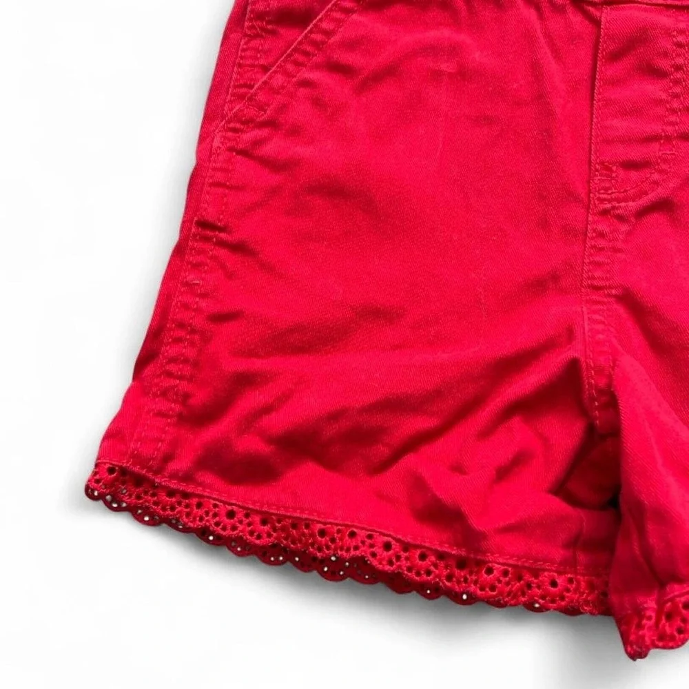 Oshkosh B'Gosh Girls Red Short Overalls w/ Eyelet Lace Trim Size 4T